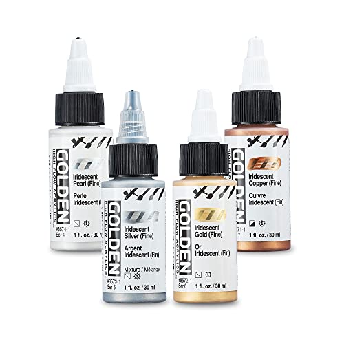 Golden Acrylics High Flow Acrylic Paint Set – 4 Iridescent Metallic Colors, Copper, Gold, Silver, Pearl – 1 Ounce Bottles – Metallic Acrylic Paint