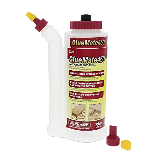 Milescraft 5223 Glue Mate 450-15oz. (450ml) Precision Wood Glue Bottle – Anti-Drip – Dowel and Biscuit Tips Included – Easy Flow Multi-Chamber Design