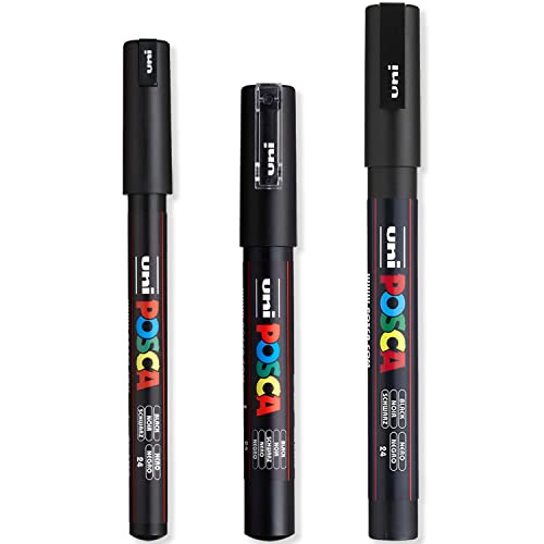 Posca – Ultra Fine to Fine Paint Marker Pens Set – PC-1MR, PC-1M, PC-3M – Black Ink – Pack of 3