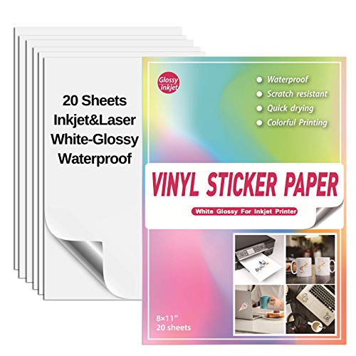 20 Glossy Sticker Paper Cricut for Inkjet Printer- Waterproof Paper Printable Vinyl White Decal Sheets A4 – Holds Ink Beautifully & Dries Quickly