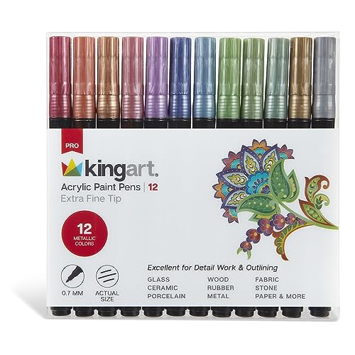 KINGART 453-12A PRO Metallic 12 Ct. Extra Fine Paint Pens, 0.7mm Tip, 12 Acrylic Paint Colors incl. Gold, Silver, Low-Odor Water-Based Quick Drying