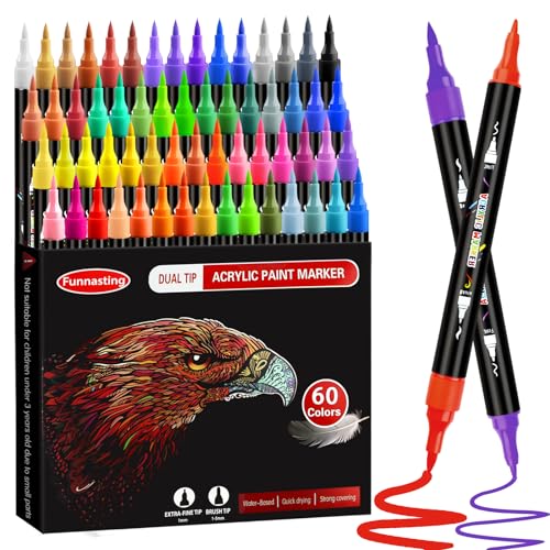 Funnasting Acrylic Paint Pens, 60 Colors Dual Tip Acrylic Paint Markers, Glass Pens with Brush Tip and Fine Tip, Rock Painting Pens for Wood, Canvas,