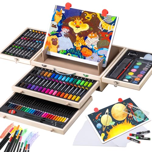 Art Supplies, Deluxe Kids Art Set with Drawing Easel, Crafts Kit in Portable Wooden Case, Oil Pastels, Colored Pencils, Watercolor Cakes, Sketch