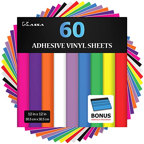 Kassa 60-Piece Permanent Vinyl Sheets | 10 Bold Colors in 12″ x 12″ with a Squeegee Included | Compatible with Cricut, Silhouette & Other Cutting