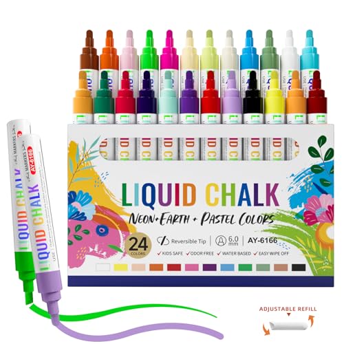 IJIANG Liquid Chalk Markers – 24 Colors, Erasable, 6mm Reversible Tip, Non-Toxic, Chalk Marker Pens Perfect for Kids & Adults, Use for Chalkboard,