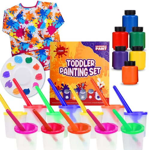 J MARK Toddler Painting Set – 32 Piece Complete Toddler Paint Set, Spill Proof Paint Cups for Kids, Washable Paint for Toddlers, Smock, Brushes and