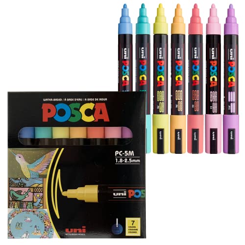 7 Pastel Posca Paint Markers, 5M Medium Posca Markers with Reversible Tips, Acrylic Paint Pens | Posca Pens for Art Supplies, Fabric Paint, Fabric