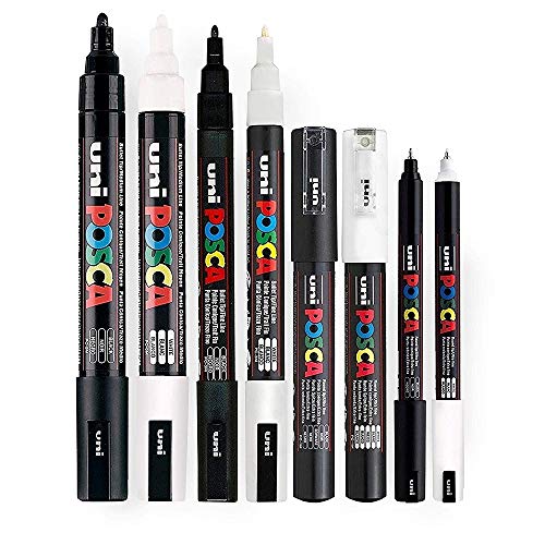 POSCA Black & White – Fine to Medium Set of 8 Pens PC-5M, PC-3M, PC-1M, PC-1MR