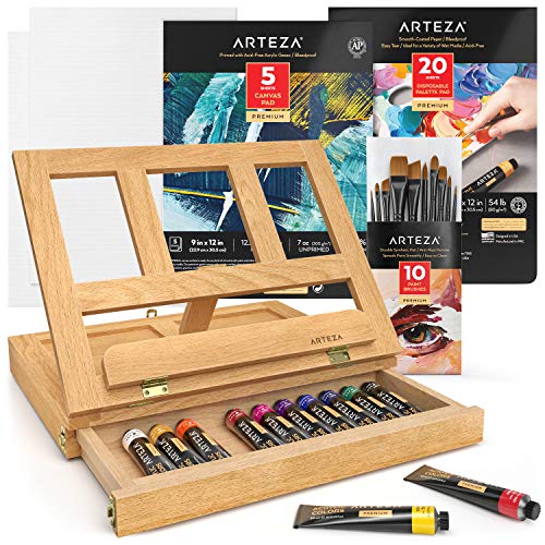 Arteza Acrylic Art Set, Includes Tabletop Easel, 12 Acrylic Paint Tubes, Palette Paper, 10 Paintbrushes, Canvas Pads & Canvas Panels, Art Supplies