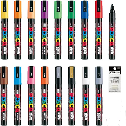 Posca Marker Acrylic Paint Pens Fine Point Tip width 1.8〜2.5mm 17 colors PC-5M, For Rock Painting, Fabric, Glass Paint, Metal Paint Including Pens