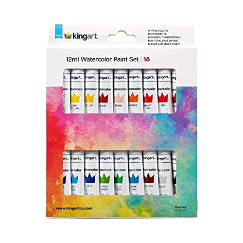 KINGART Studio Watercolor Paint, 12ml (.4oz), Set of 18 Colors