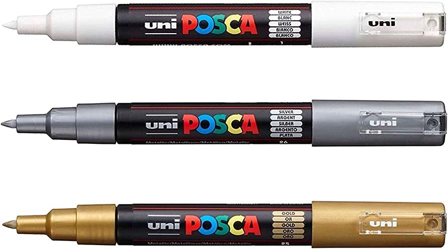 Posca PC-1M Paint Art Marker Pens – Fabric Glass Metal Pen – Set of White + Gold + Silver (1 of Each)