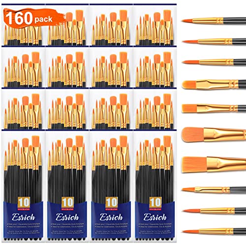 ESRICH Acrylic Paint Brushes Set, 16Packs/160Pcs, Nylon Brush Head, Suitable for Acrylic,Oil,Watercolor,Rock Body Face Nail Art,Perfect Suit of Art