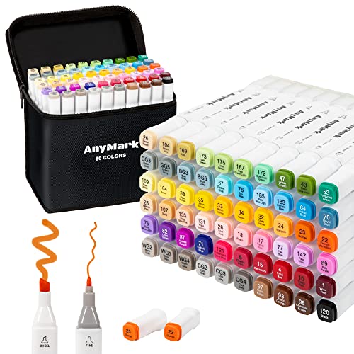 AnyMark Alcohol Markers, 60 Colors Set, Dual Tips Alcohol-Based Art Markers for Kids Adult Artists Drawing Coloring Sketch, Chisel & Fine Tips