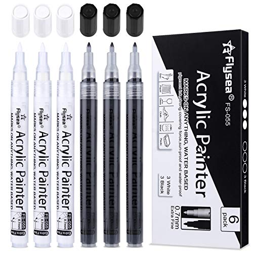 NAWOD Paint Pens White Black Acrylic Marker 6 Pack, Acrylic Permanent Marker, White Paint Pens for Rock Ceramic Wooden Leather Glass Painting Metal