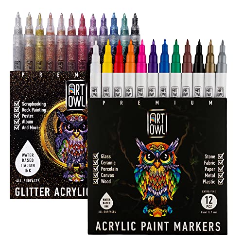 Art Owl 12 Basic Acrylic Paint Pens Extra Fine Tip and 12 Glitter Paint Markers Extra Fine Tip, Bundle for Rock Painting, Stone, Ceramic, Glass, Wood