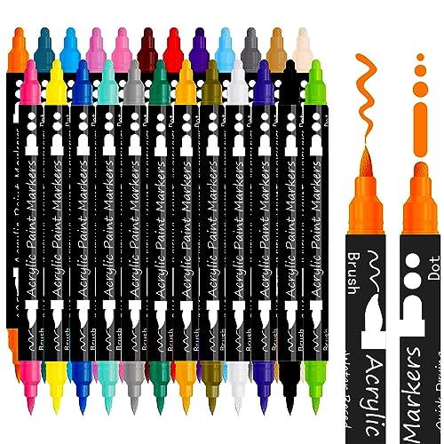 24 Colors Dual Tip Acrylic Paint Pens Markers, Permanent Markers for Kids, Liquid Chalk Markers, Washable Fabric Paint Markers, Rock Painting Kit,