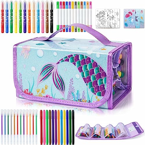 Glitter Mermaid Marker Set with Pencil Case – 56 PCS Scented Markers for Kids Girls Birthday Christmas Gift Painting Coloring Markers Pens Set Art