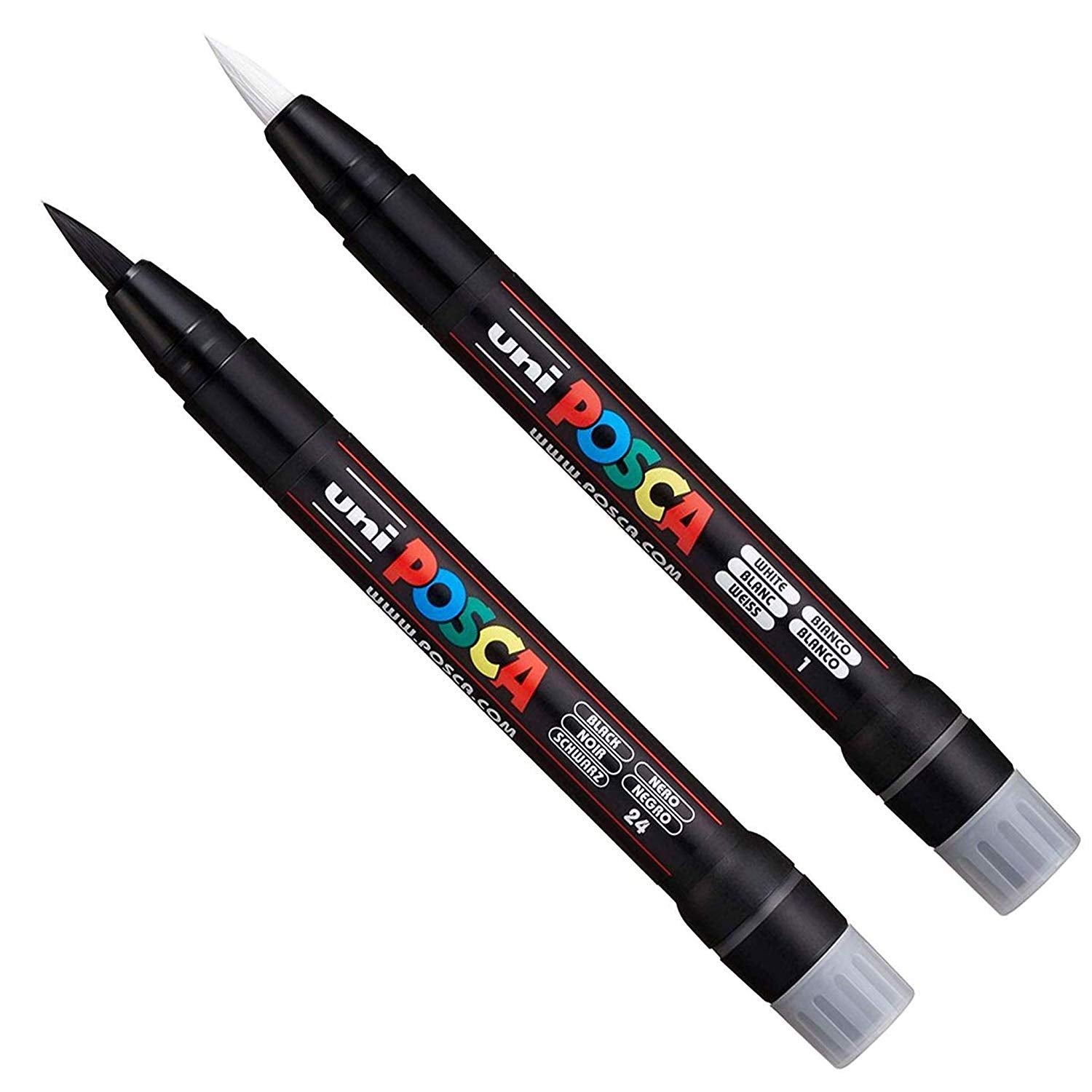 Uni Posca PCF-350 Brush Tipped Paint Marker Art Pen – Fabric Glass Metal Pen – Black & White Set (1 of Each)