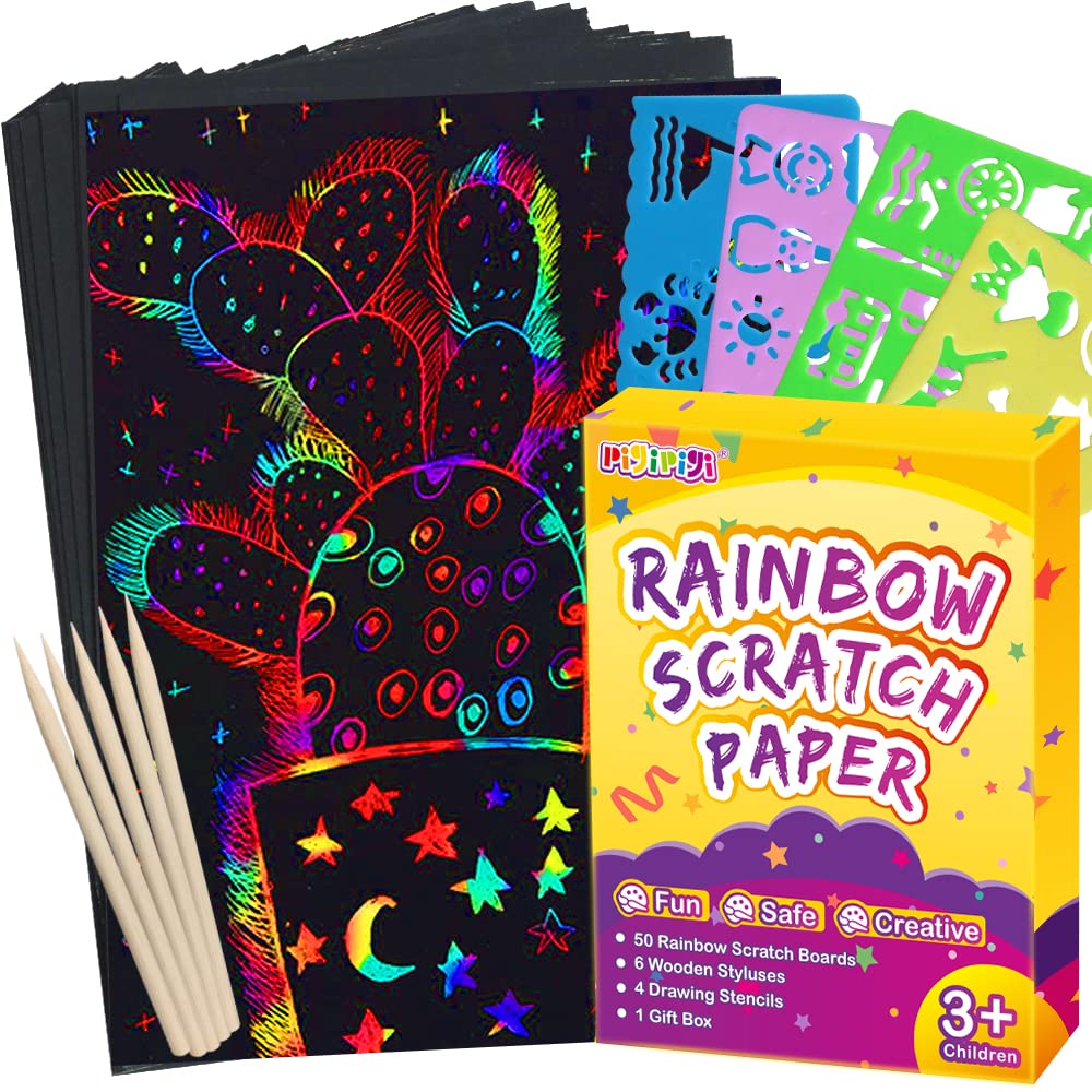 pigipigi Scratch Paper Art for Kids – 60 Pcs Magic Rainbow Scratch Paper Off Set Crafts Supplies Kits Pads Sheets Boards for Party Games Easter