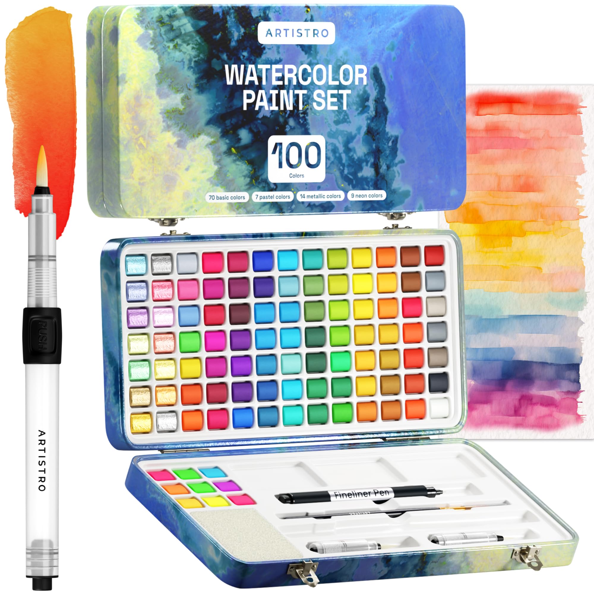 ARTISTRO Watercolor Paint Set, 100 Vivid Colors in Portable Box, Including Metallic, Fluorescent, Pastel Colors. Perfect Travel Watercolor Set for