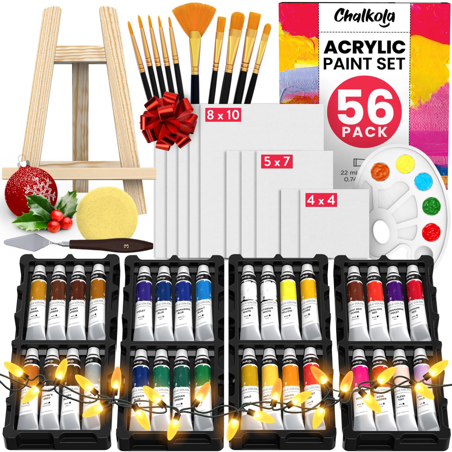 Chalkola Acrylic Paint Set for Adults & Kids – 56 Pcs Canvas Painting Kit with 32 Paints (22ml), 10 Brushes, 10 Canvases, Tabletop Easel, Palette,