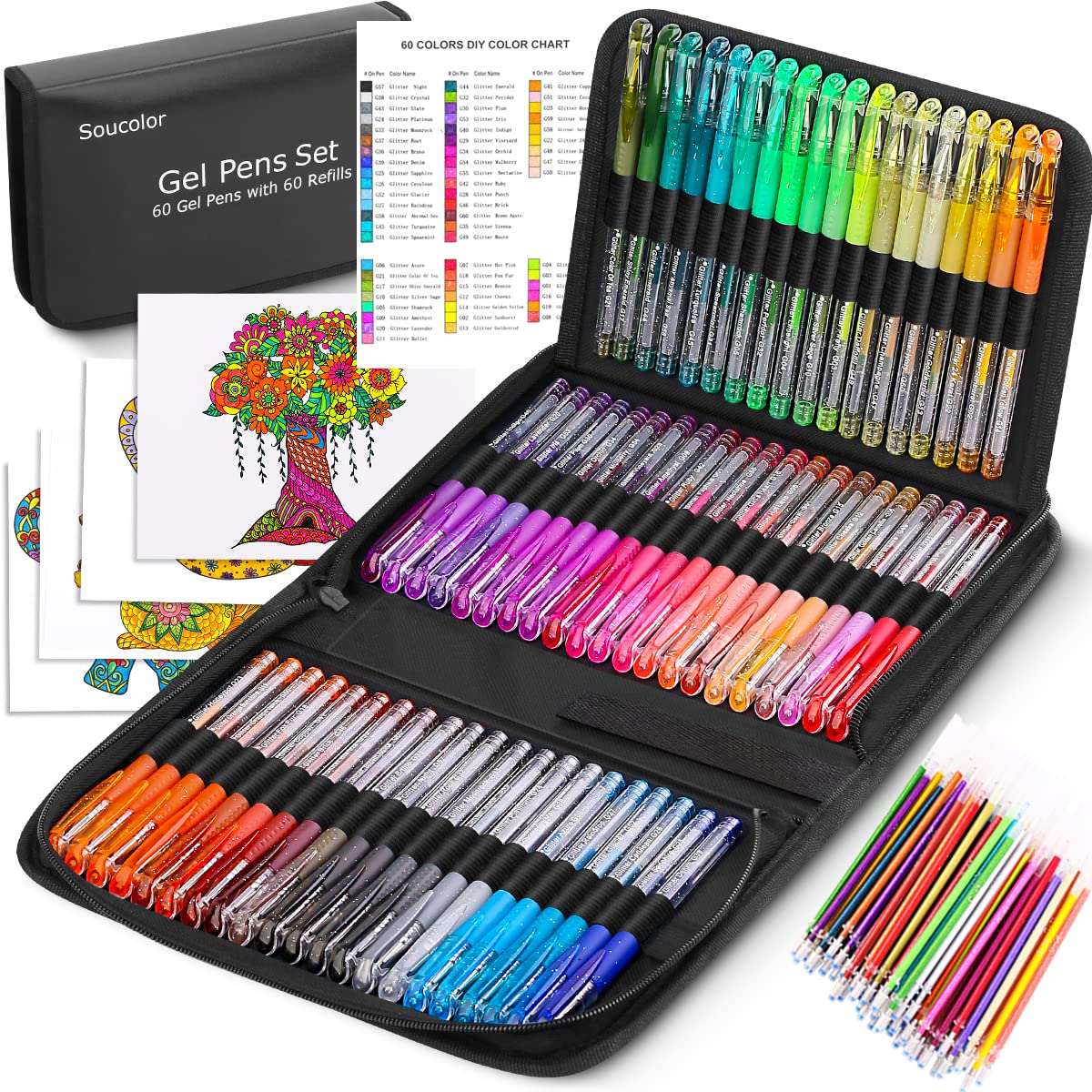 Soucolor Glitter Gel Pens for Adult Coloring Books, 120 Pack-60 Glitter Pens, 60 Refills and Travel Case, 40% More Ink Markers Set for Drawing