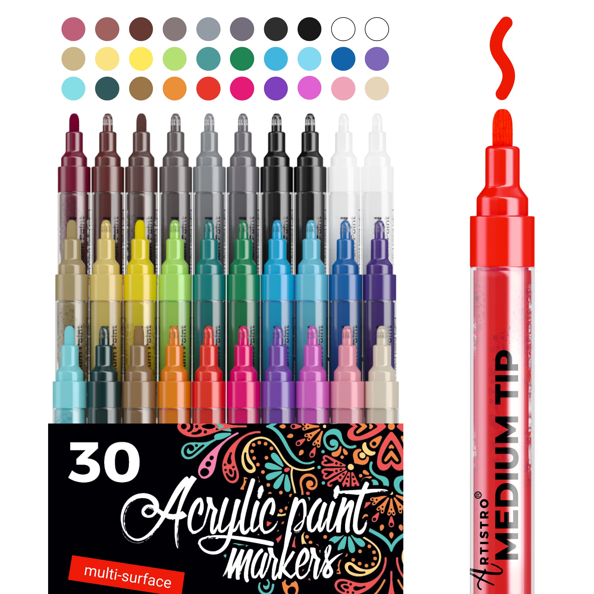 ARTISTRO Acrylic Paint Markers Pens – 30 Acrylic Paint Pens Medium Tip (2mm) – Great for Rock Painting, Wood, Fabric, Card, Paper, Ceramic & Glass –