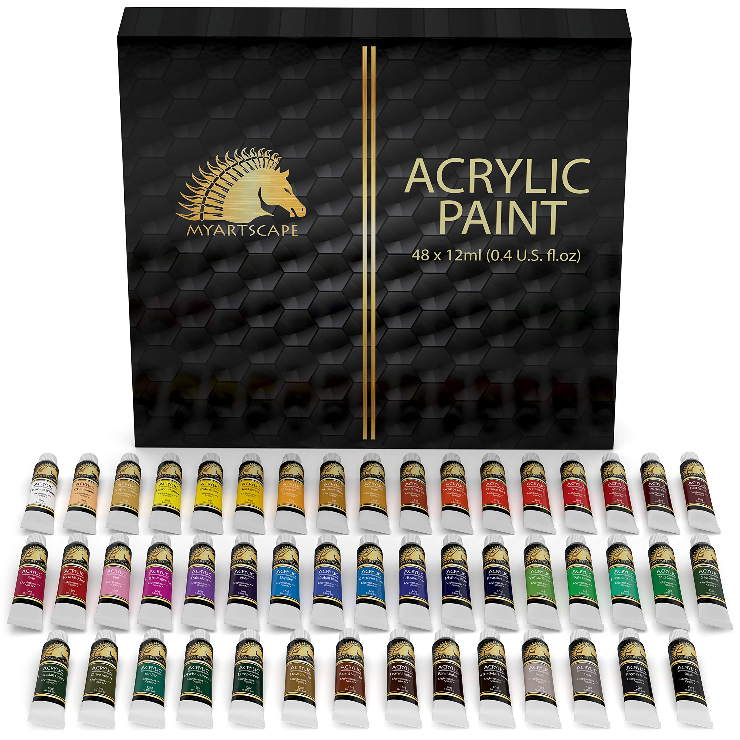 MyArtscape Acrylic Paint Set – 48 x 12ml Tubes – Lightfast – Heavy Body – Non Fading – Vibrant Colors – Artist Quality Painting Supplies –