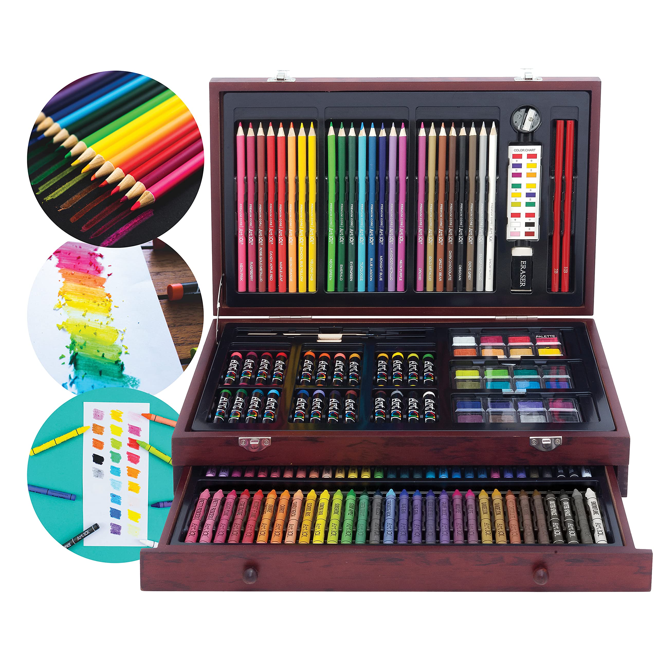 Art 101 Doodle and Color 142 Pc Art Set in a Wood Carrying Case, Includes 24 Premium Colored Pencils, A variety of coloring and painting mediums: