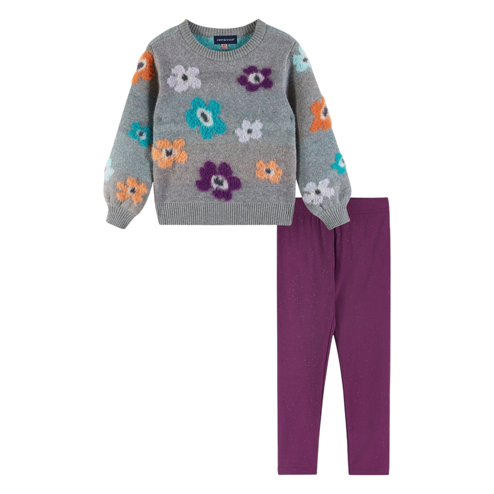 Kids Dove Grey Sweater & Glitter Legging Set | Eyelash Flowers