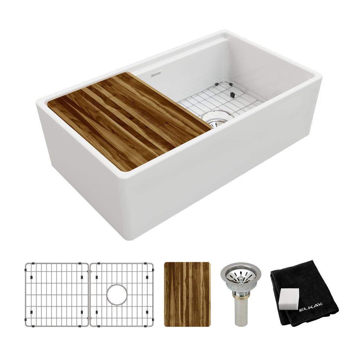 Elkay Fireclay 33″ x 18-13/16″ x 9-5/8″ Single Bowl Farmhouse Workstation Sink Kit, White