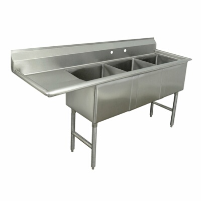 Advance Tabco FC-3-1818-18L – Three Compartment Sink, 74-1/2″W x 24″D, 18″ left drainboard