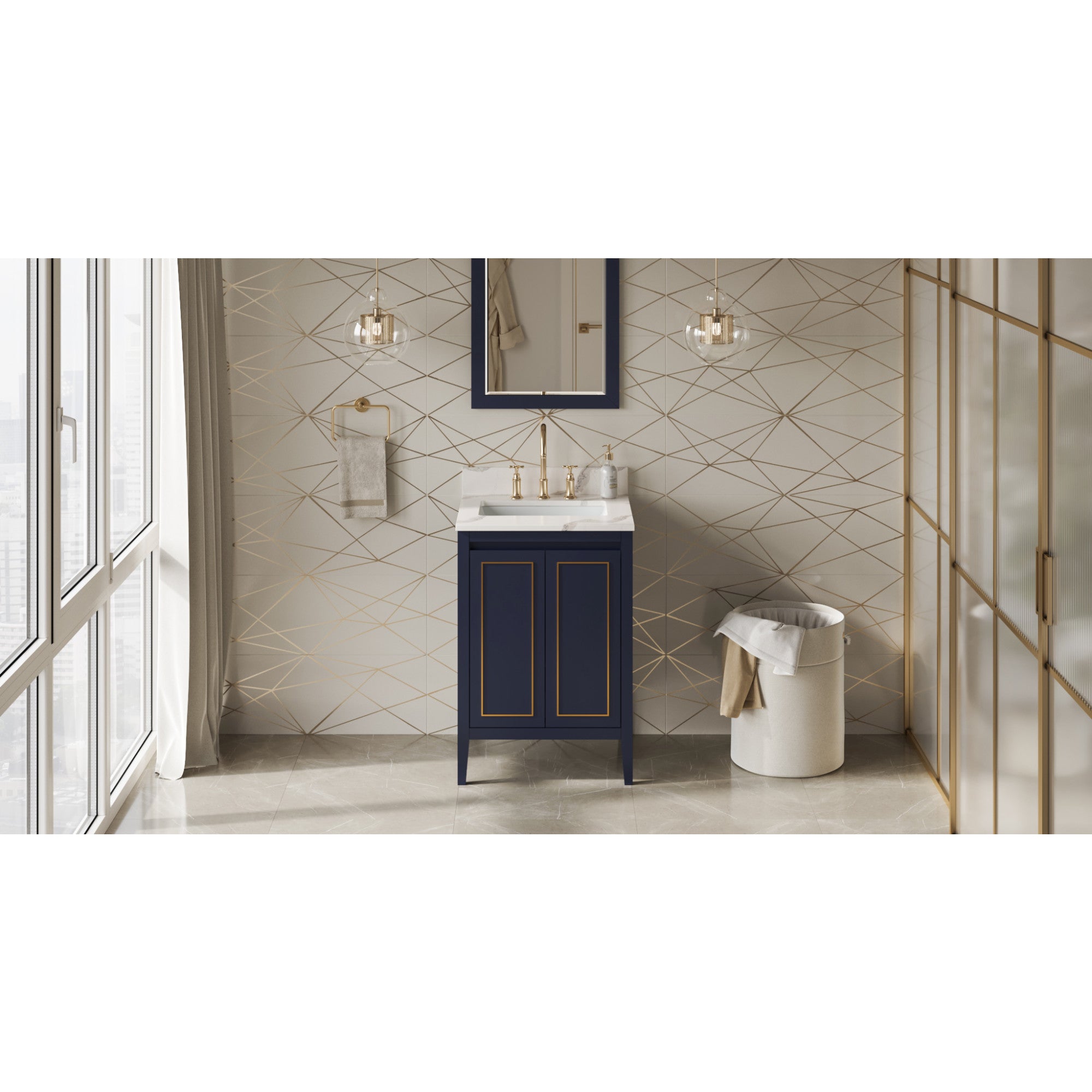 JEFFREY ALEXANDER VKITPER24BLCQR 24″ Hale Blue Percival Vanity, Calacatta Vienna Quartz Vanity Top, undermount rectangle bowl – Hale Blue