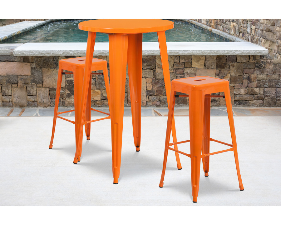 BLNK – Douglas Commercial Round Metal Indoor-Outdoor Bar Table Set with 2 Square Seat Backless Stools