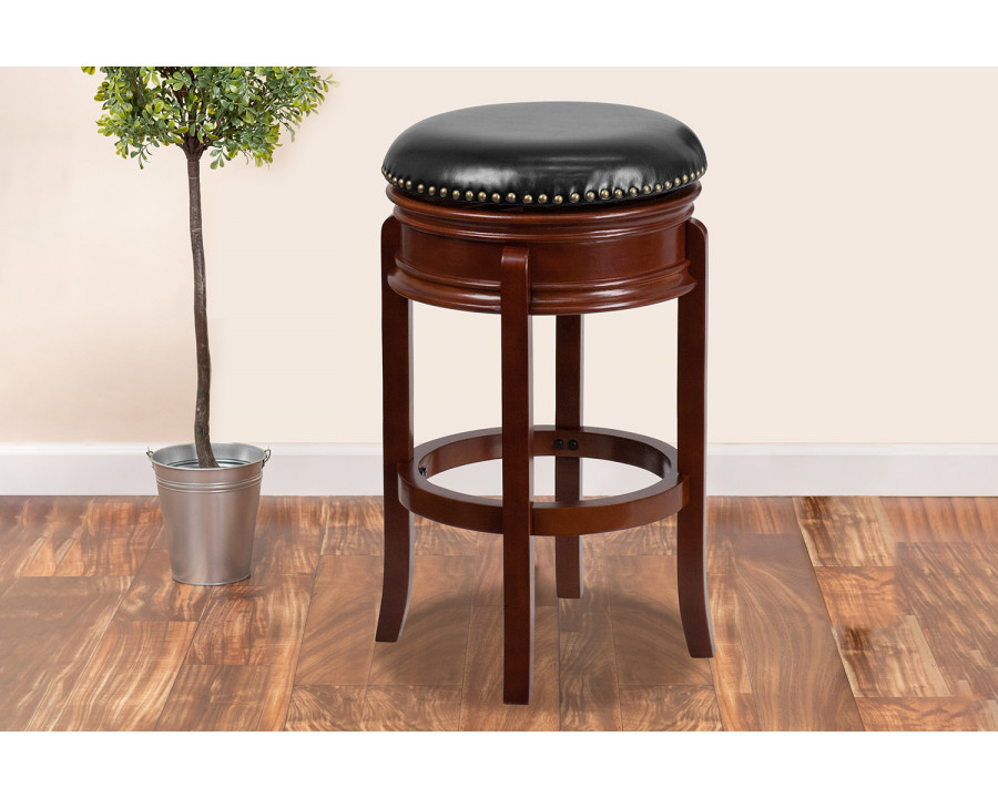 BLNK – Carol Backless Wood Bar Stool with Carved Apron and Black Swivel Seat