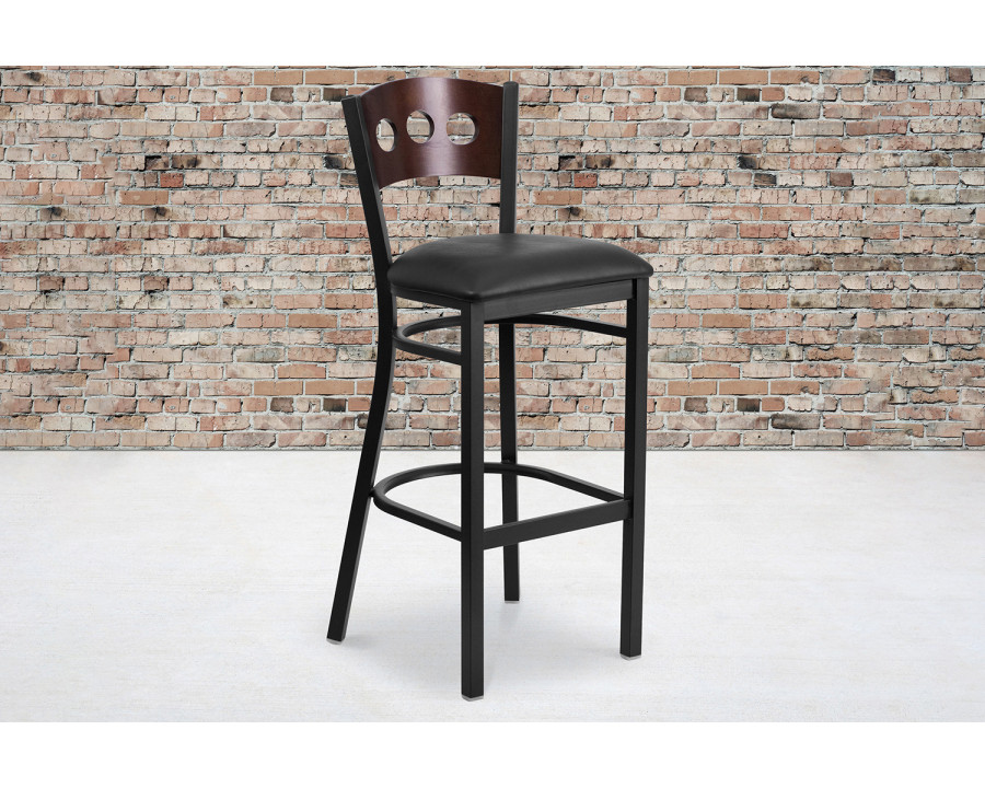 BLNK – HERCULES Series Black Metal 3 Circle Back Restaurant Bar Stool with Walnut Wood Back and Vinyl Seat