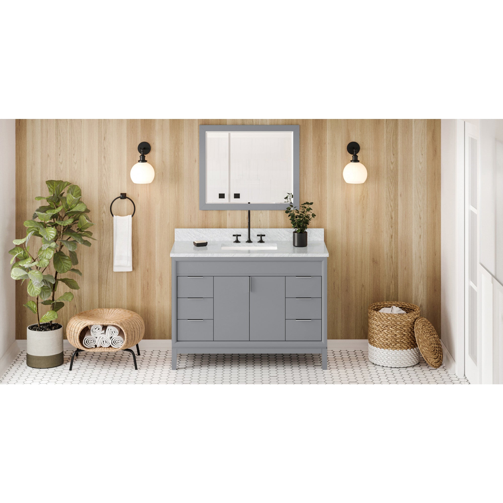 JEFFREY ALEXANDER VKITTHE48GRWCR 48″ Grey Theodora Vanity, White Carrara Marble Vanity Top, undermount rectangle bowl – Grey