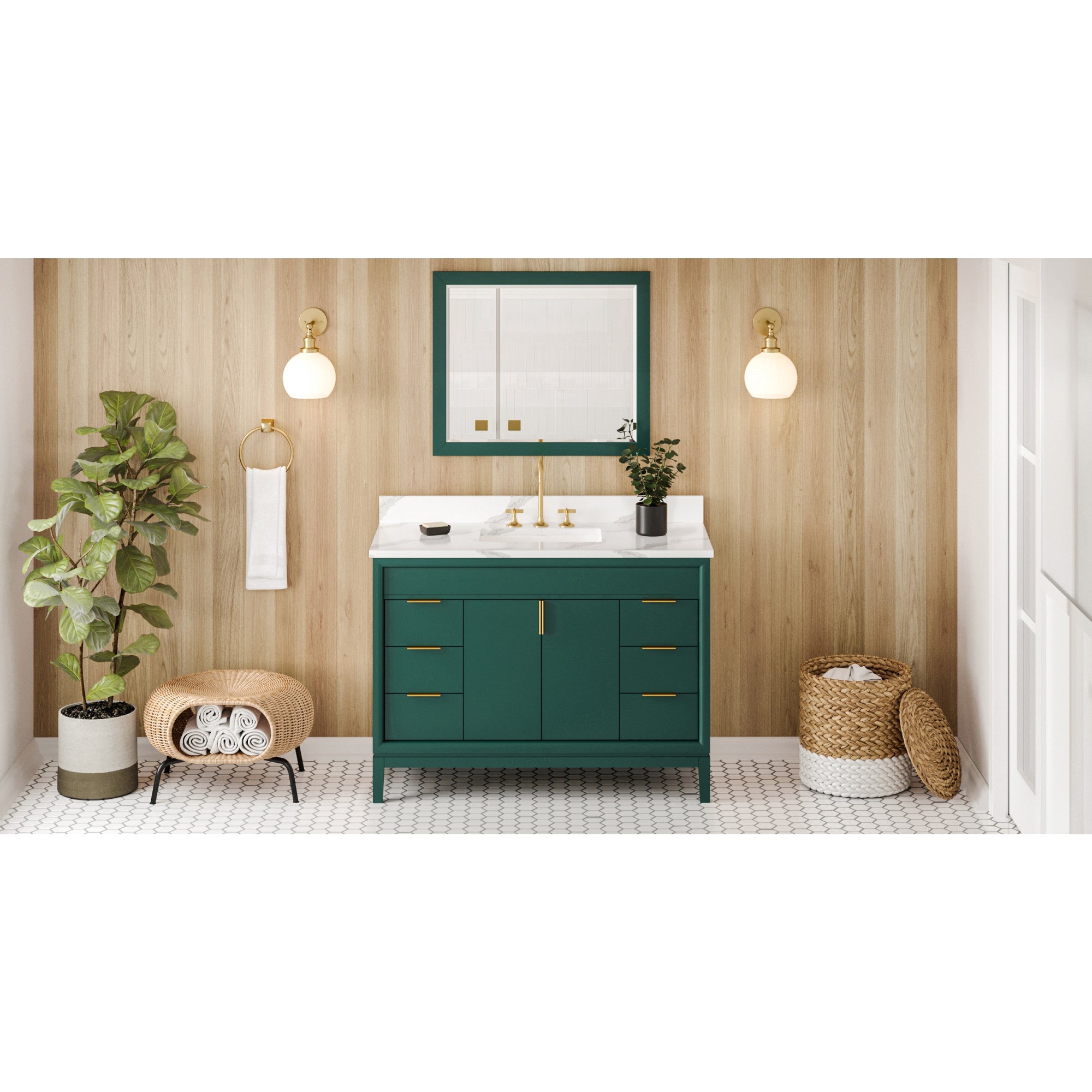 JEFFREY ALEXANDER VKITTHE48GNCQR 48″ Forest Green Theodora Vanity, Calacatta Vienna Quartz Vanity Top, undermount rectangle bowl – Green