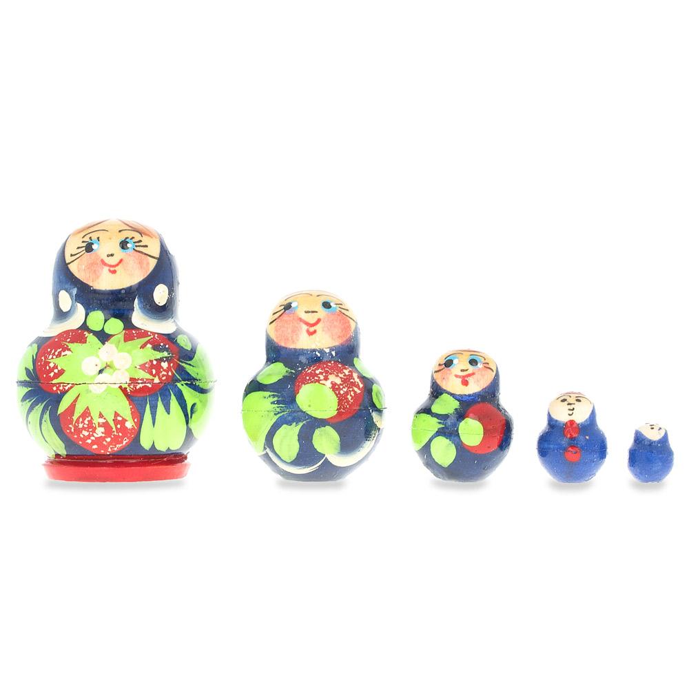 5 Miniature Strawberry Blue Dress Nesting Dolls 1.75 Inches