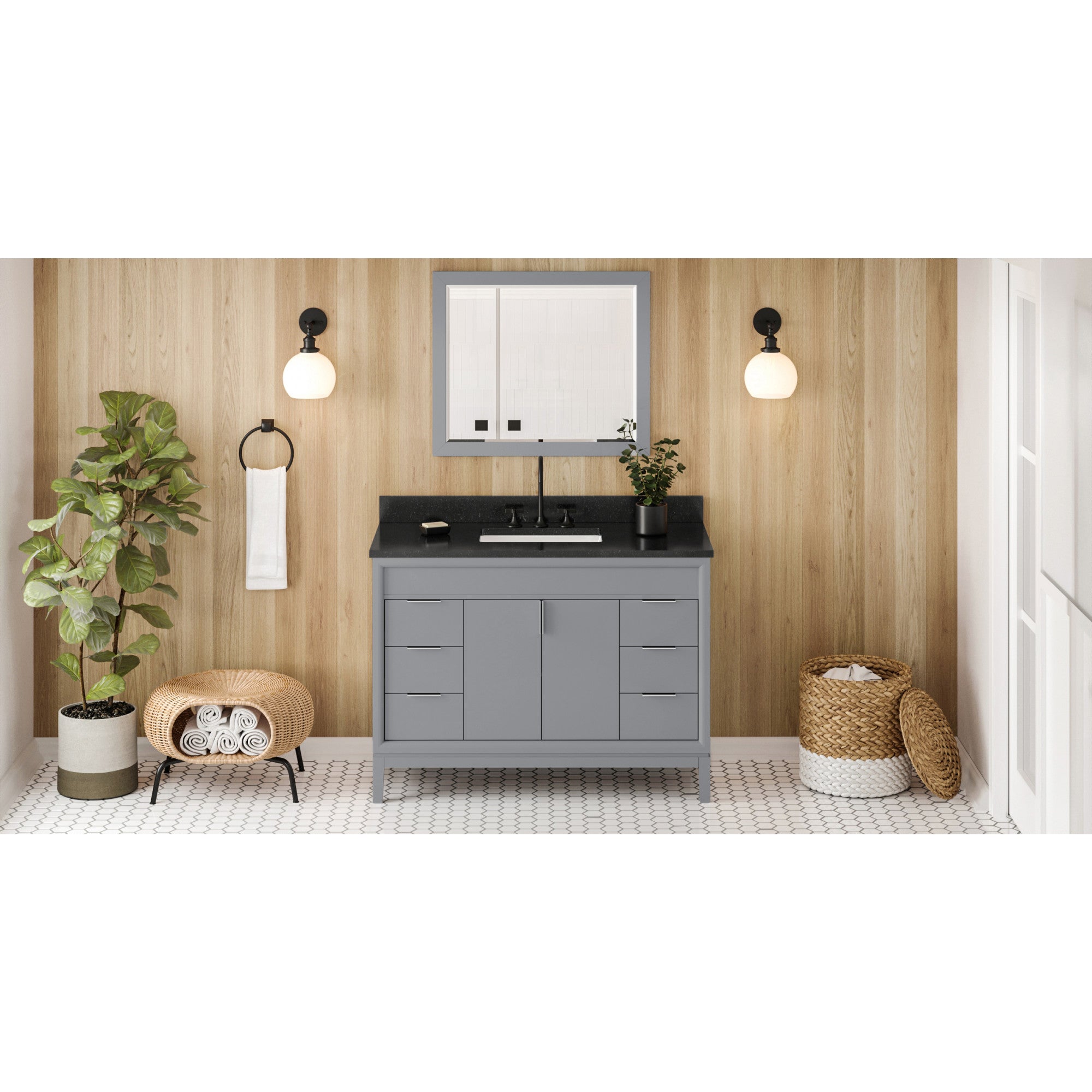 JEFFREY ALEXANDER VKITTHE48GRBGR 48″ Grey Theodora Vanity, Black Granite Vanity Top, undermount rectangle bowl – Grey