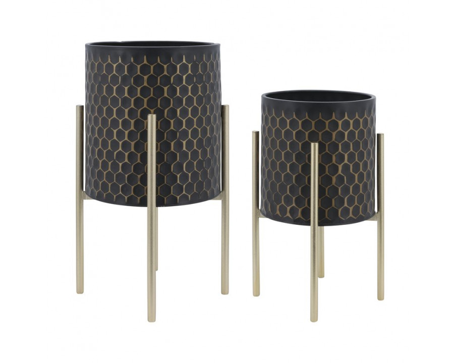 Sagebrook – 3D Honeycomb Planters On Metal Stand (Set Of 2) in Black/Gold