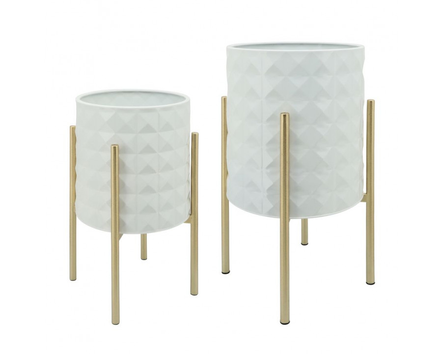 Sagebrook – Diamond Planters In Metal Stand (Set Of 2) in White