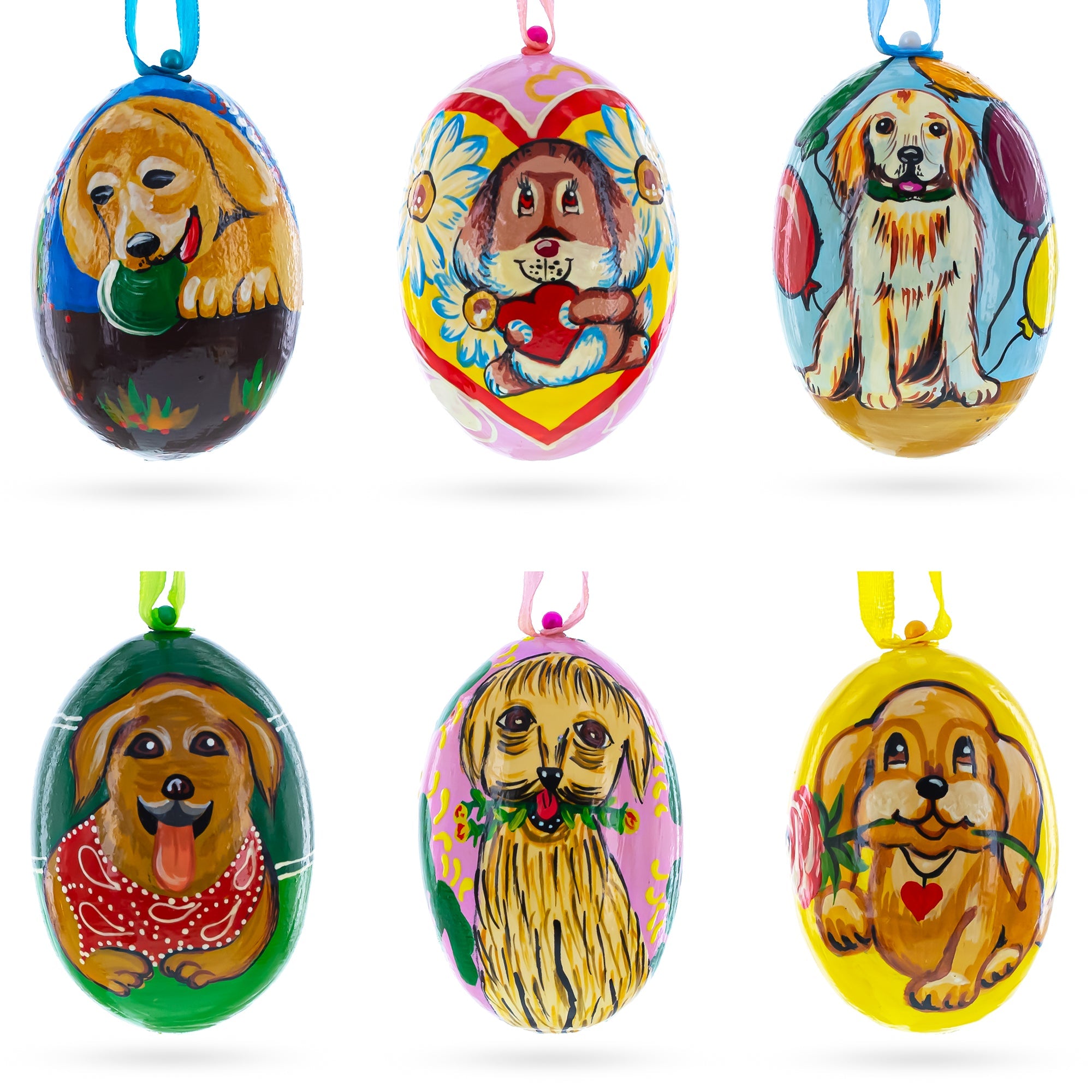 6 Dog Puppies- Golden Retriever And Labrador Wooden Christmas Ornaments 3 Inches