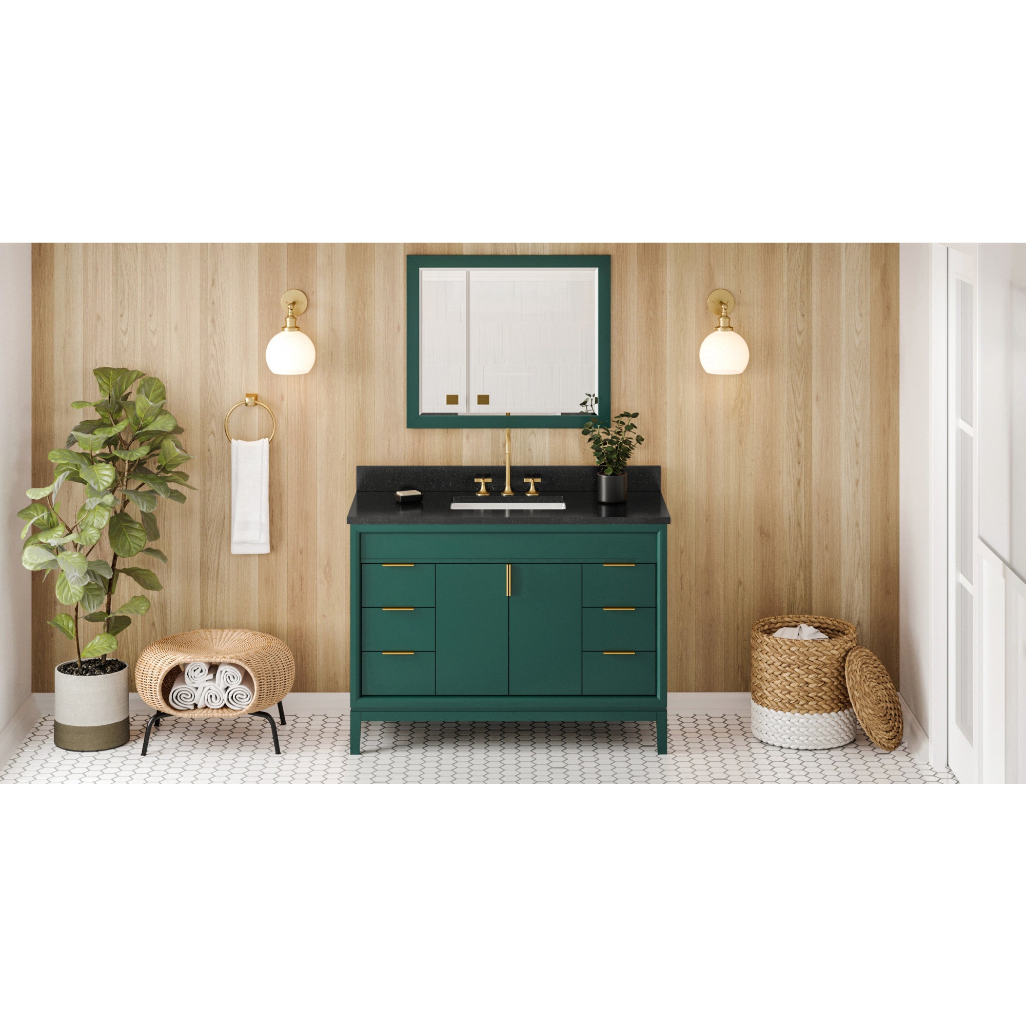 JEFFREY ALEXANDER VKITTHE48GNBGR 48″ Forest Green Theodora Vanity, Black Granite Vanity Top, undermount rectangle bowl – Green