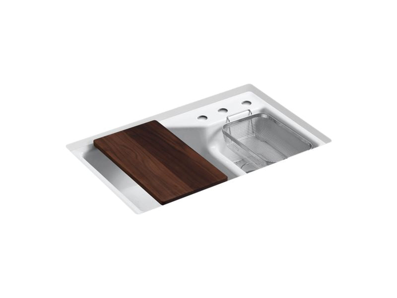 KOHLER K-6411-3 Indio 33″ x 21-1/8″ x 9-3/4″ Smart Divide undermount double-bowl large/small workstation kitchen sink with three-hole faucet holes